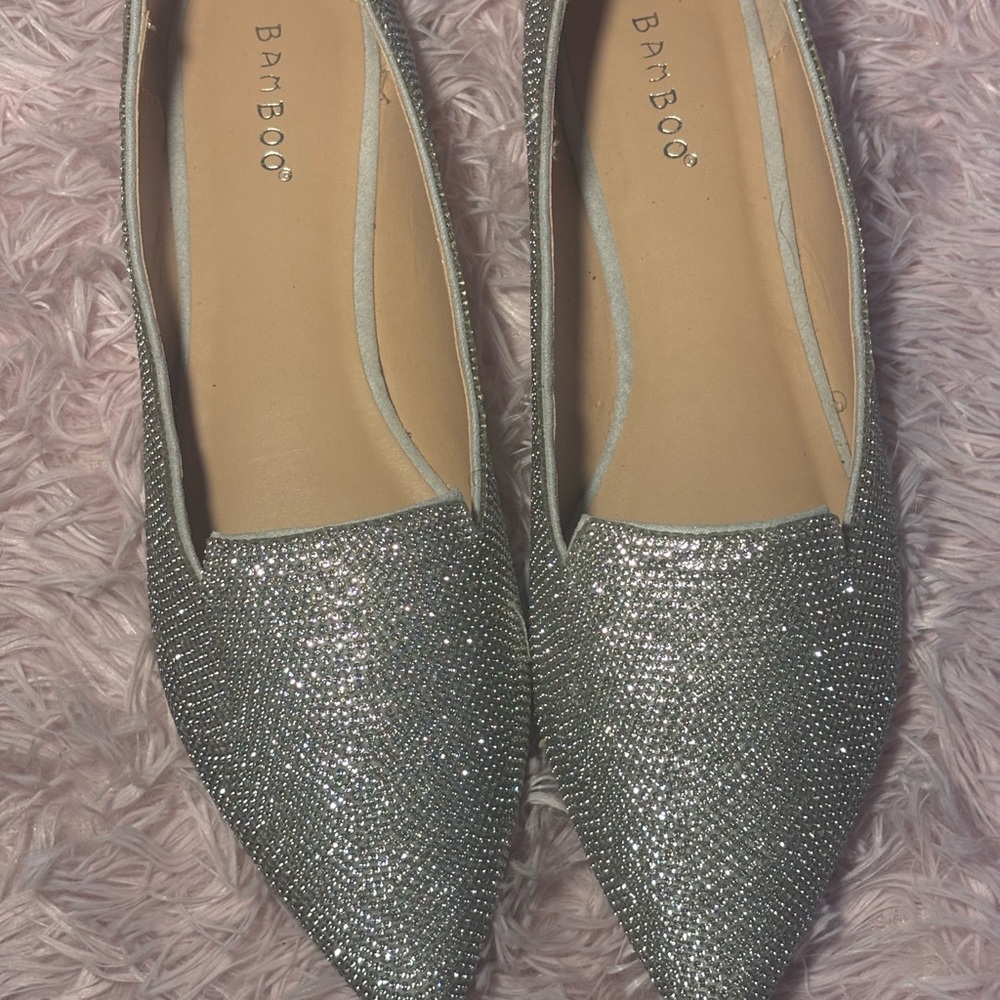 BAMBOO Silver Sparkle Pointed Slip-On Flats